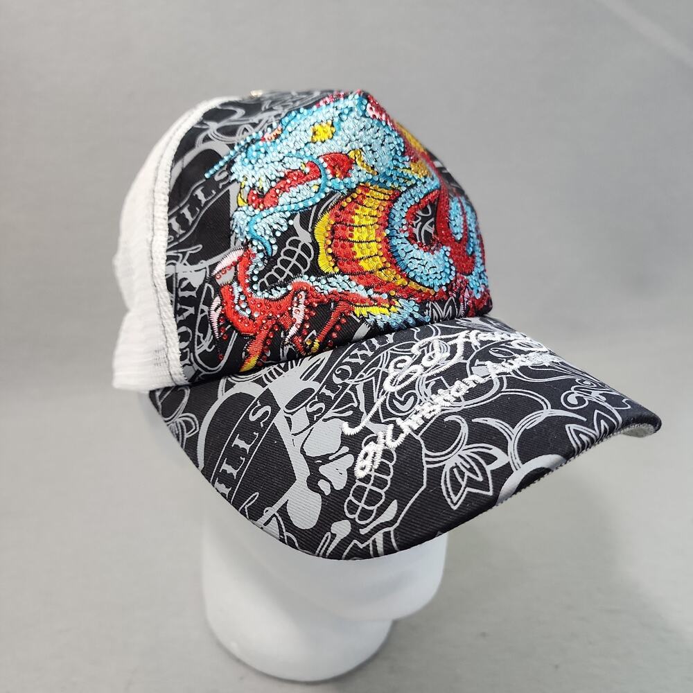 Ed Hardy Black Trucker Dragon Hat Cap Snapback Studded Bling Embroidered NWT